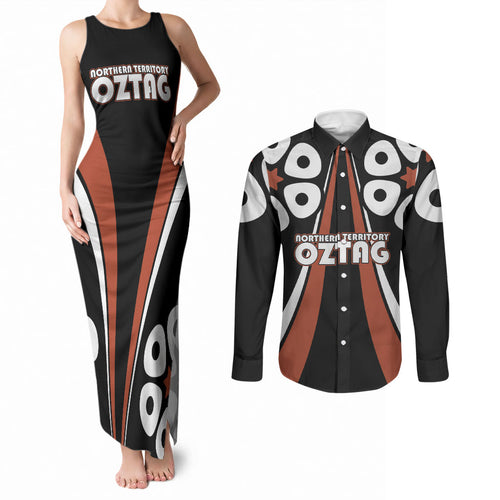 Personalised Northern Territory Oztag Couples Matching Tank Maxi Dress and Long Sleeve Button Shirt Aboriginal Dot Art Australian Sports