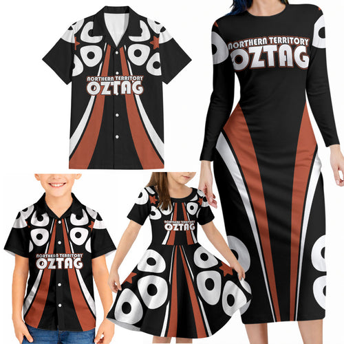 Personalised Northern Territory Oztag Family Matching Long Sleeve Bodycon Dress and Hawaiian Shirt Aboriginal Dot Art Australian Sports