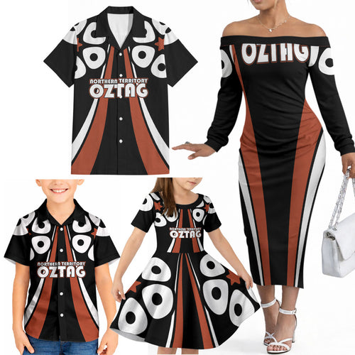 Personalised Northern Territory Oztag Family Matching Off The Shoulder Long Sleeve Dress and Hawaiian Shirt Aboriginal Dot Art Australian Sports