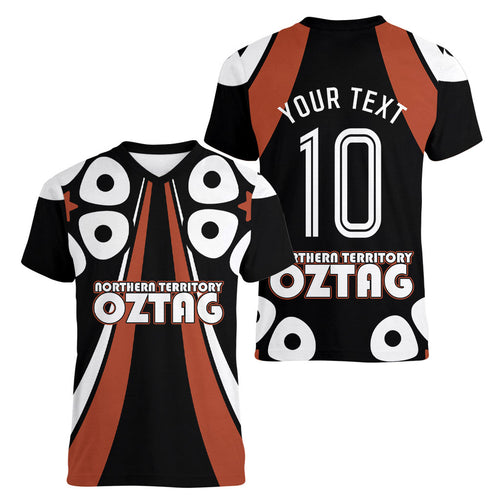 Personalised Northern Territory Oztag Women V-Neck T-Shirt Aboriginal Dot Art Australian Sports