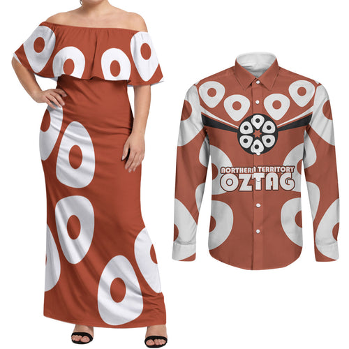Personalized Northern Territory Oztag Couples Matching Off Shoulder Maxi Dress and Long Sleeve Button Shirt Dynamic Geometric Star Graphic