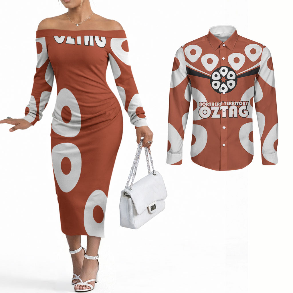 Personalized Northern Territory Oztag Couples Matching Off The Shoulder Long Sleeve Dress and Long Sleeve Button Shirt Dynamic Geometric Star Graphic