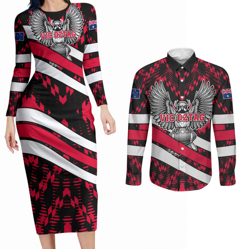 Personalized VIC Oztag Australia Bird Mascot Couples Matching Long Sleeve Bodycon Dress and Long Sleeve Button Shirt Australian Flag