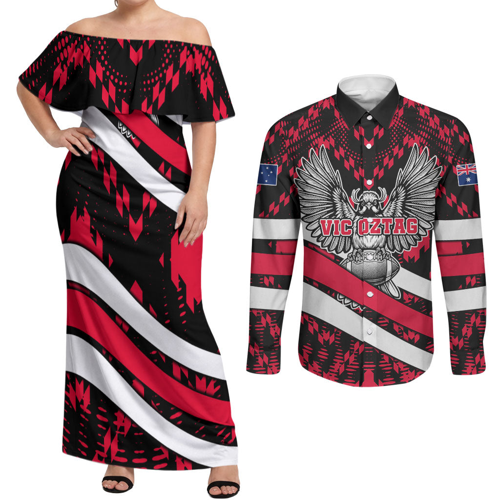 Personalized VIC Oztag Australia Bird Mascot Couples Matching Off Shoulder Maxi Dress and Long Sleeve Button Shirt Australian Flag