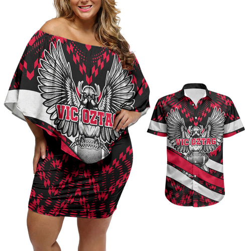 Personalized VIC Oztag Australia Bird Mascot Couples Matching Off Shoulder Short Dress and Hawaiian Shirt Australian Flag