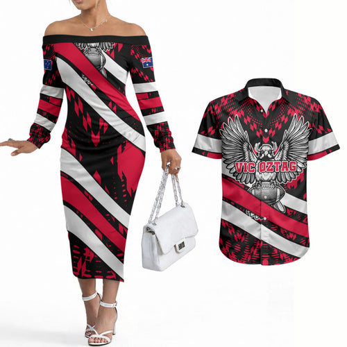 Personalized VIC Oztag Australia Bird Mascot Couples Matching Off The Shoulder Long Sleeve Dress and Hawaiian Shirt Australian Flag