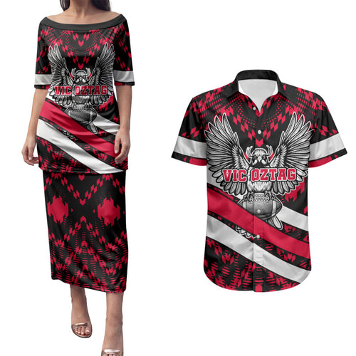 Personalized VIC Oztag Australia Bird Mascot Couples Matching Puletasi and Hawaiian Shirt Australian Flag