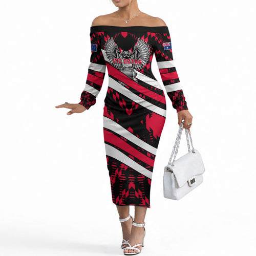 Personalized VIC Oztag Australia Bird Mascot Off The Shoulder Long Sleeve Dress Australian Flag