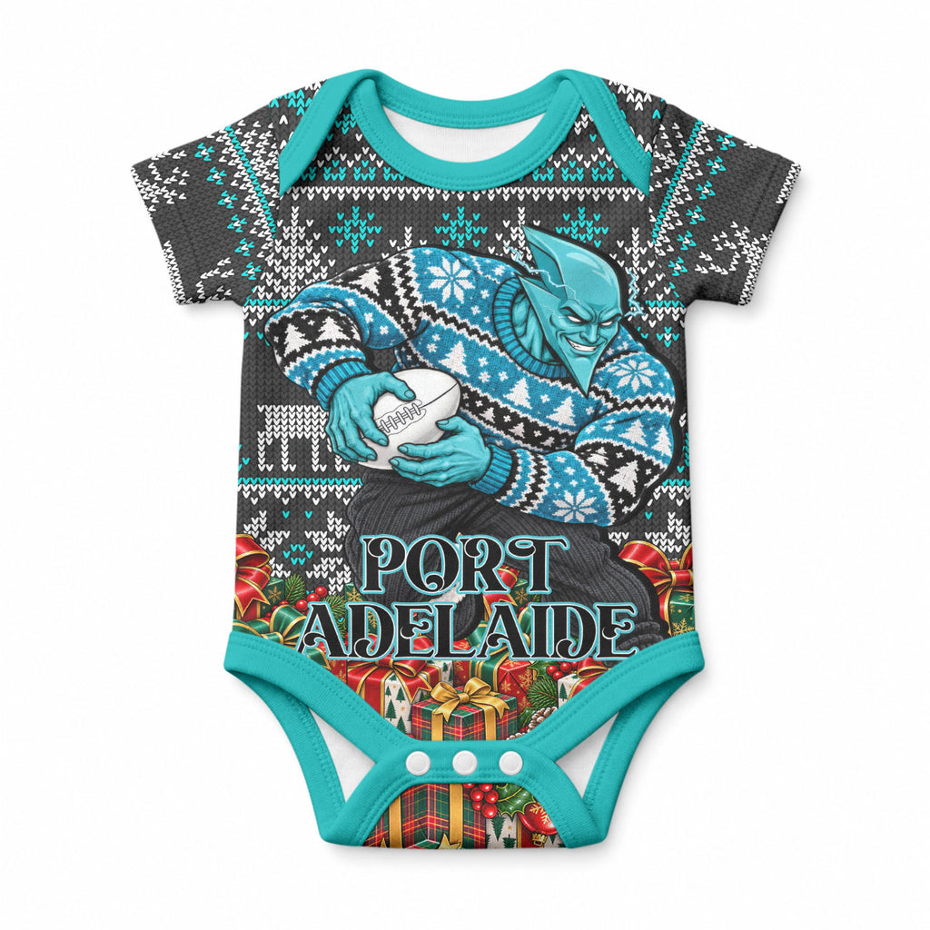 Personalized Port Adelaide Football Christmas Baby Onesie Australian Football Mascot - Ugly Xmas Pattern Festive