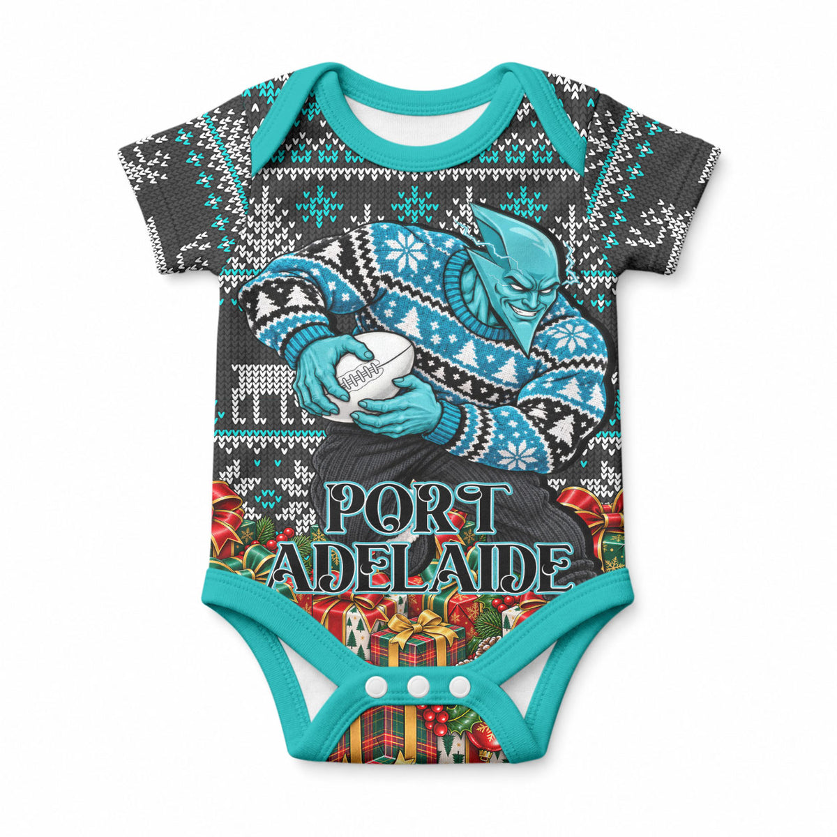 Personalized Port Adelaide Football Christmas Baby Onesie Australian Football Mascot - Ugly Xmas Pattern Festive