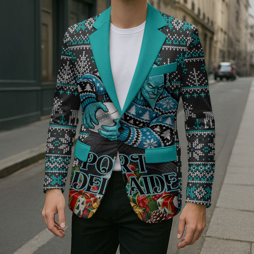 Personalized Port Adelaide Football Christmas Blazer Australian Football Mascot - Ugly Xmas Pattern Festive