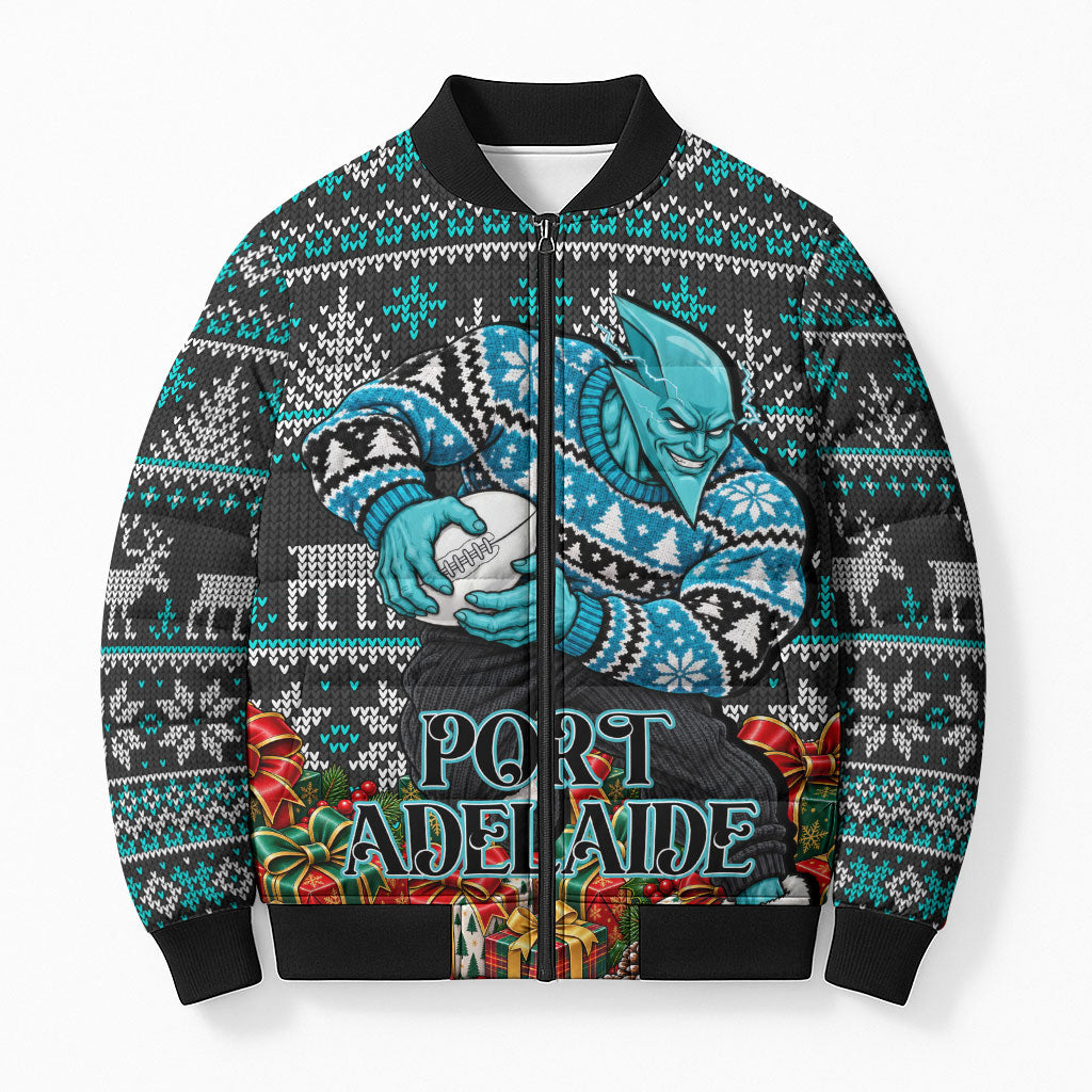 Personalized Port Adelaide Football Christmas Bomber Puffer Jacket Australian Football Mascot - Ugly Xmas Pattern Festive