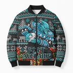 Personalized Port Adelaide Football Christmas Bomber Puffer Jacket Australian Football Mascot - Ugly Xmas Pattern Festive