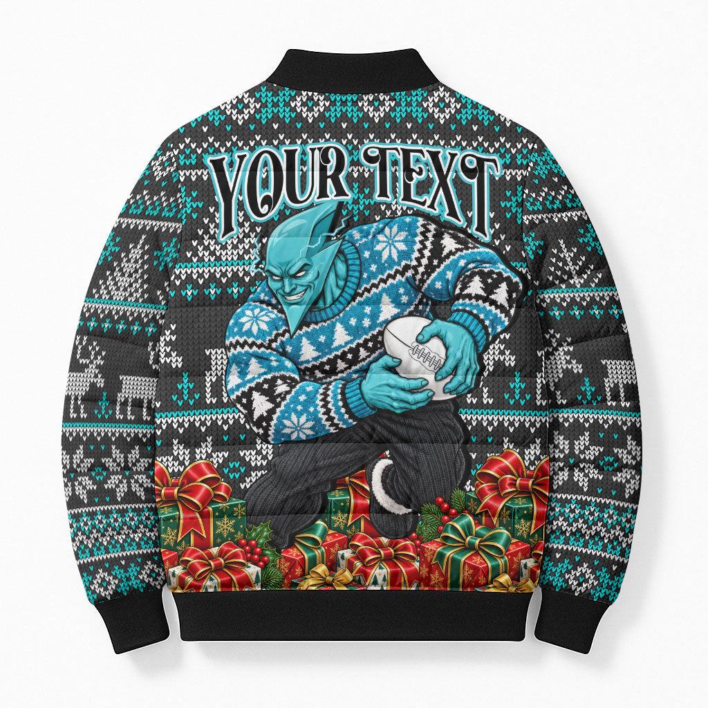 Personalized Port Adelaide Football Christmas Bomber Puffer Jacket Australian Football Mascot - Ugly Xmas Pattern Festive