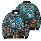 Personalized Port Adelaide Football Christmas Bomber Puffer Jacket Australian Football Mascot - Ugly Xmas Pattern Festive