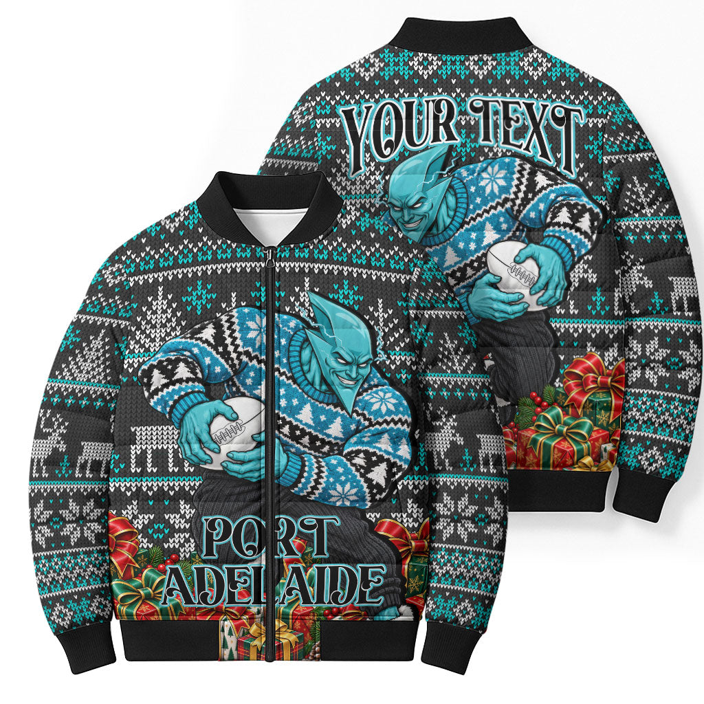 Personalized Port Adelaide Football Christmas Bomber Puffer Jacket Australian Football Mascot - Ugly Xmas Pattern Festive