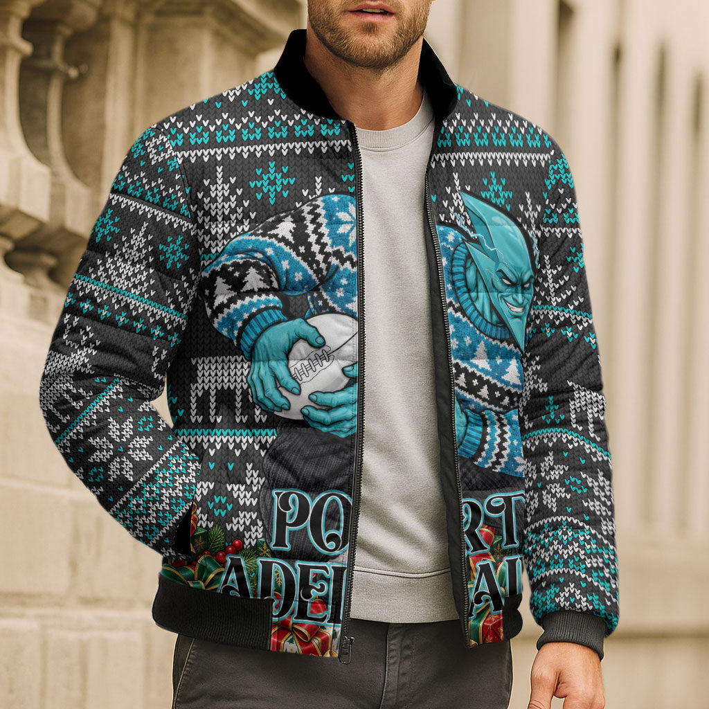 Personalized Port Adelaide Football Christmas Bomber Puffer Jacket Australian Football Mascot - Ugly Xmas Pattern Festive