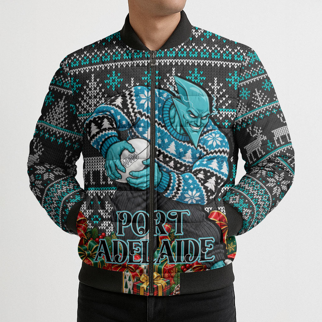 Personalized Port Adelaide Football Christmas Bomber Puffer Jacket Australian Football Mascot - Ugly Xmas Pattern Festive