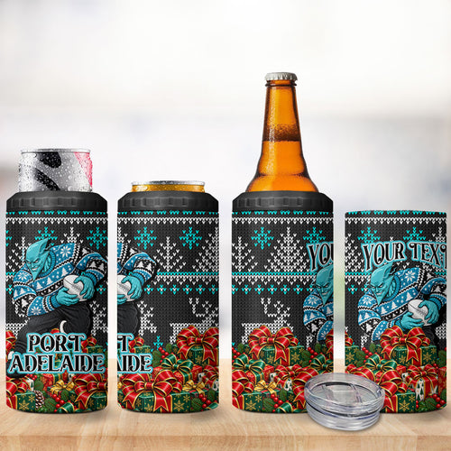 Personalized Port Adelaide Football Christmas 4 in 1 Can Cooler Tumbler Australian Football Mascot - Ugly Xmas Pattern Festive