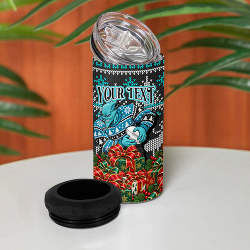 Personalized Port Adelaide Football Christmas 4 in 1 Can Cooler Tumbler Australian Football Mascot - Ugly Xmas Pattern Festive