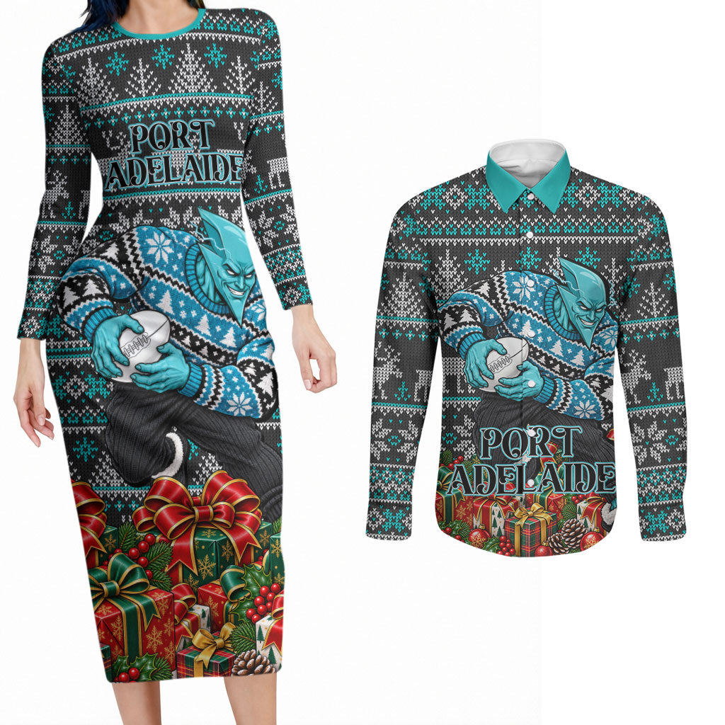 Personalized Port Adelaide Football Christmas Couples Matching Long Sleeve Bodycon Dress and Long Sleeve Button Shirt Australian Football Mascot - Ugly Xmas Pattern Festive