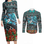 Personalized Port Adelaide Football Christmas Couples Matching Long Sleeve Bodycon Dress and Long Sleeve Button Shirt Australian Football Mascot - Ugly Xmas Pattern Festive
