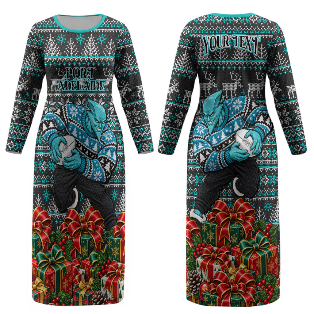 Personalized Port Adelaide Football Christmas Couples Matching Long Sleeve Bodycon Dress and Long Sleeve Button Shirt Australian Football Mascot - Ugly Xmas Pattern Festive