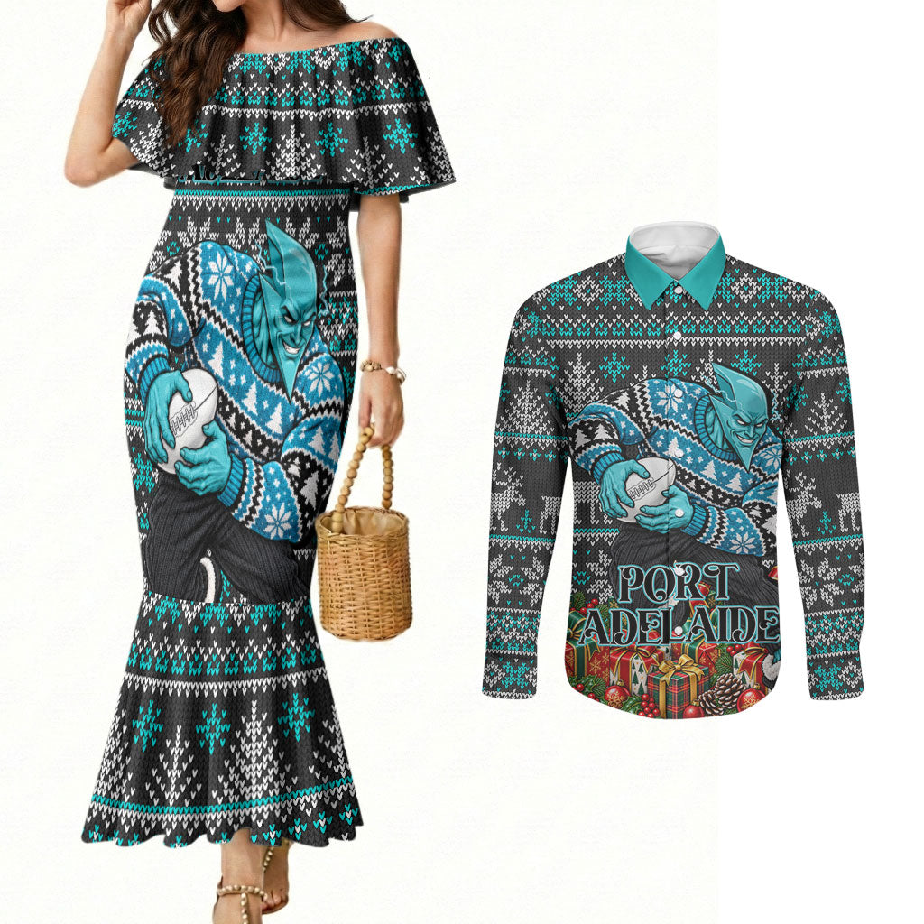 Personalized Port Adelaide Football Christmas Couples Matching Mermaid Dress and Long Sleeve Button Shirt Australian Football Mascot - Ugly Xmas Pattern Festive