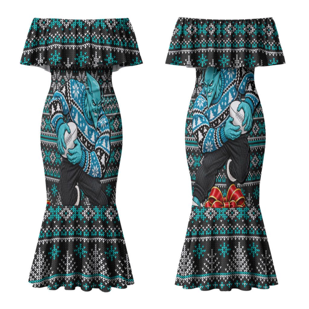 Personalized Port Adelaide Football Christmas Couples Matching Mermaid Dress and Long Sleeve Button Shirt Australian Football Mascot - Ugly Xmas Pattern Festive