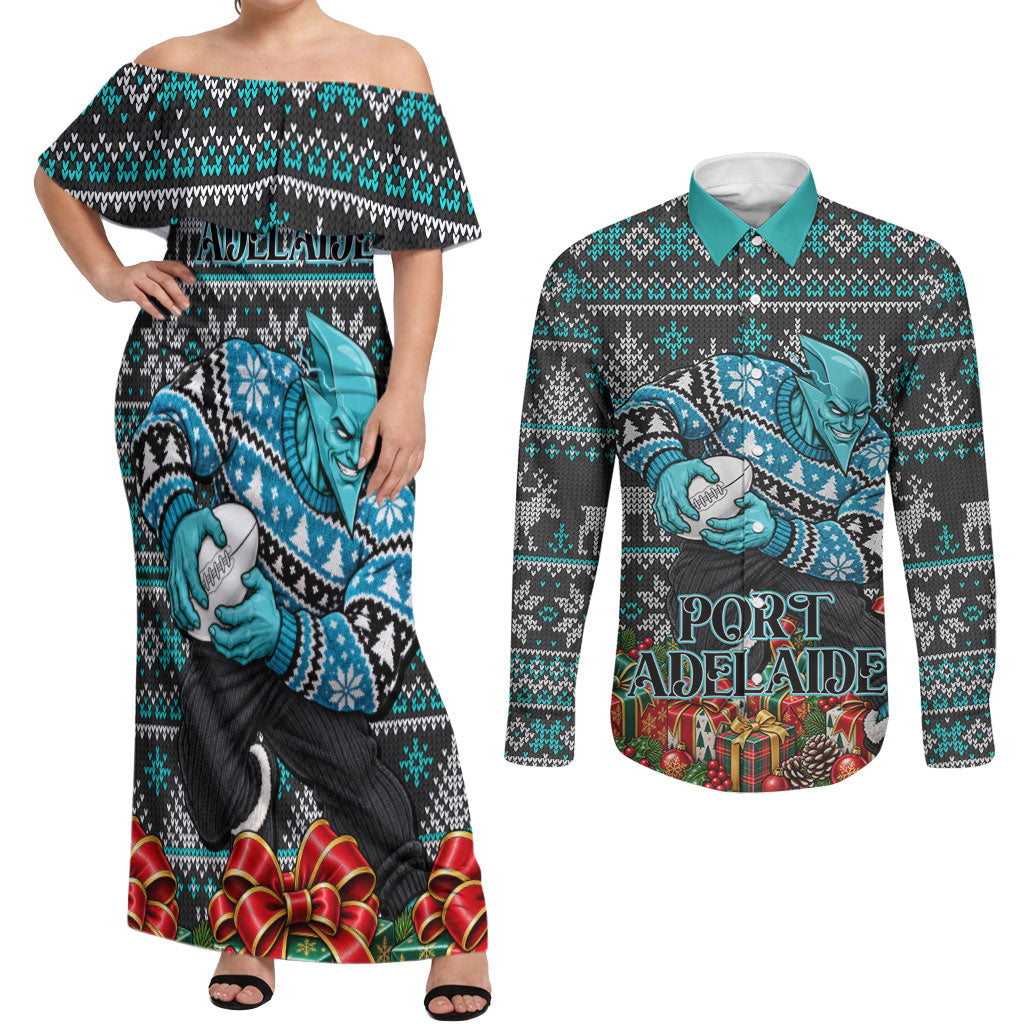 Personalized Port Adelaide Football Christmas Couples Matching Off Shoulder Maxi Dress and Long Sleeve Button Shirt Australian Football Mascot - Ugly Xmas Pattern Festive