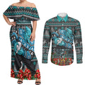Personalized Port Adelaide Football Christmas Couples Matching Off Shoulder Maxi Dress and Long Sleeve Button Shirt Australian Football Mascot - Ugly Xmas Pattern Festive