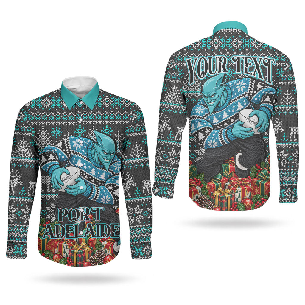Personalized Port Adelaide Football Christmas Couples Matching Off Shoulder Maxi Dress and Long Sleeve Button Shirt Australian Football Mascot - Ugly Xmas Pattern Festive