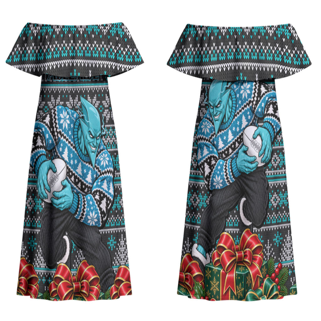 Personalized Port Adelaide Football Christmas Couples Matching Off Shoulder Maxi Dress and Long Sleeve Button Shirt Australian Football Mascot - Ugly Xmas Pattern Festive