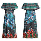 Personalized Port Adelaide Football Christmas Couples Matching Off Shoulder Maxi Dress and Long Sleeve Button Shirt Australian Football Mascot - Ugly Xmas Pattern Festive