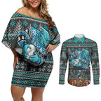 Personalized Port Adelaide Football Christmas Couples Matching Off Shoulder Short Dress and Long Sleeve Button Shirt Australian Football Mascot - Ugly Xmas Pattern Festive