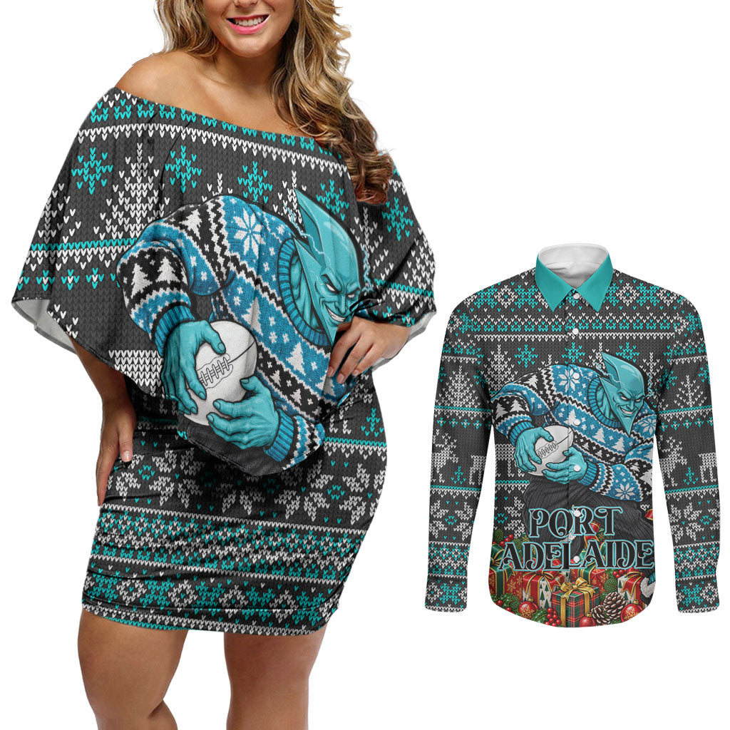 Personalized Port Adelaide Football Christmas Couples Matching Off Shoulder Short Dress and Long Sleeve Button Shirt Australian Football Mascot - Ugly Xmas Pattern Festive
