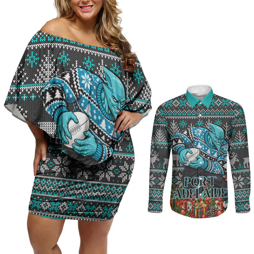 Personalized Port Adelaide Football Christmas Couples Matching Off Shoulder Short Dress and Long Sleeve Button Shirt Australian Football Mascot - Ugly Xmas Pattern Festive
