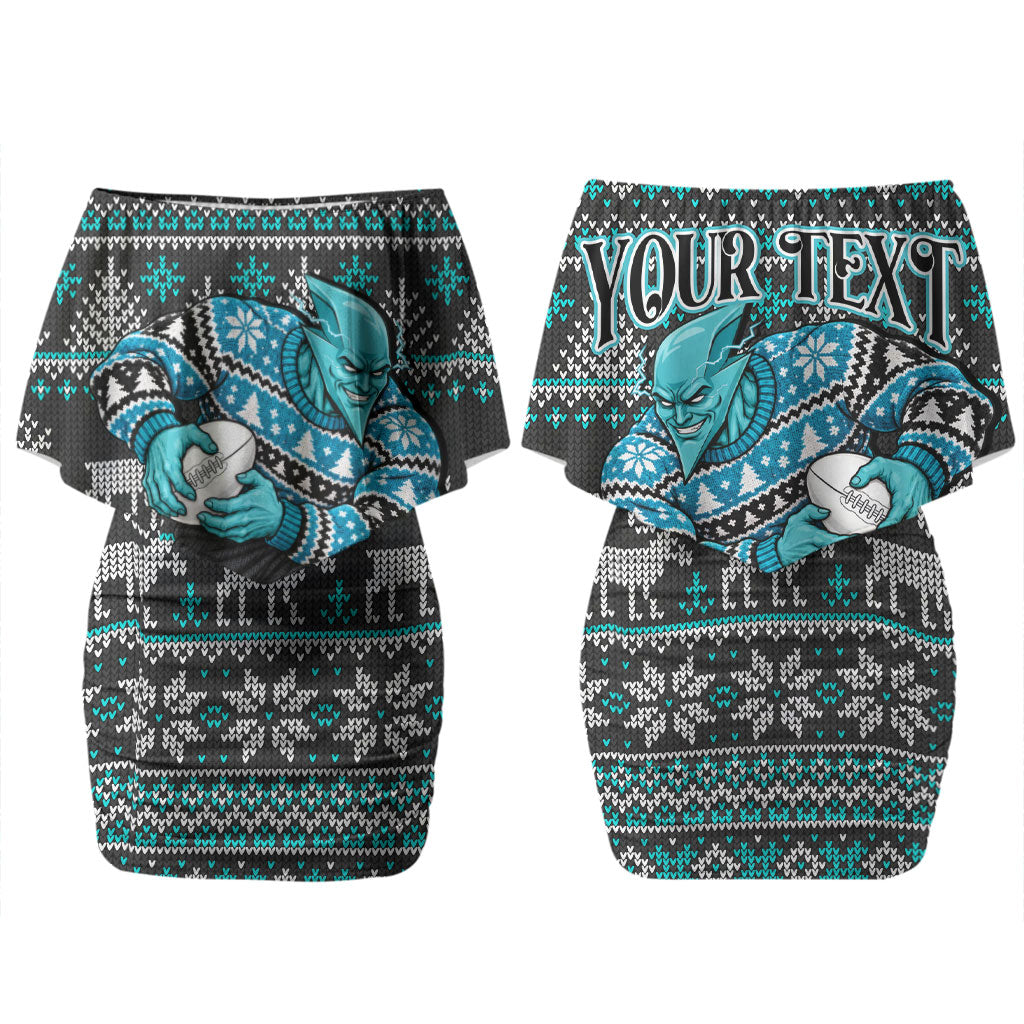 Personalized Port Adelaide Football Christmas Couples Matching Off Shoulder Short Dress and Long Sleeve Button Shirt Australian Football Mascot - Ugly Xmas Pattern Festive