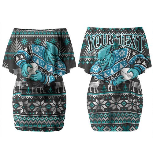 Personalized Port Adelaide Football Christmas Couples Matching Off Shoulder Short Dress and Long Sleeve Button Shirt Australian Football Mascot - Ugly Xmas Pattern Festive