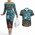 Personalized Port Adelaide Football Christmas Couples Matching Off The Shoulder Long Sleeve Dress and Hawaiian Shirt Australian Football Mascot - Ugly Xmas Pattern Festive