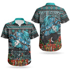 Personalized Port Adelaide Football Christmas Couples Matching Off The Shoulder Long Sleeve Dress and Hawaiian Shirt Australian Football Mascot - Ugly Xmas Pattern Festive