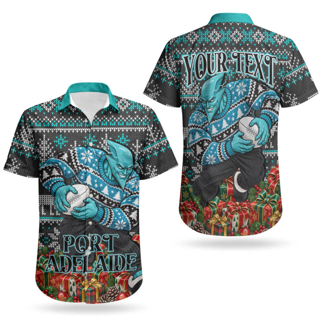 Personalized Port Adelaide Football Christmas Couples Matching Off The Shoulder Long Sleeve Dress and Hawaiian Shirt Australian Football Mascot - Ugly Xmas Pattern Festive