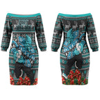 Personalized Port Adelaide Football Christmas Couples Matching Off The Shoulder Long Sleeve Dress and Hawaiian Shirt Australian Football Mascot - Ugly Xmas Pattern Festive