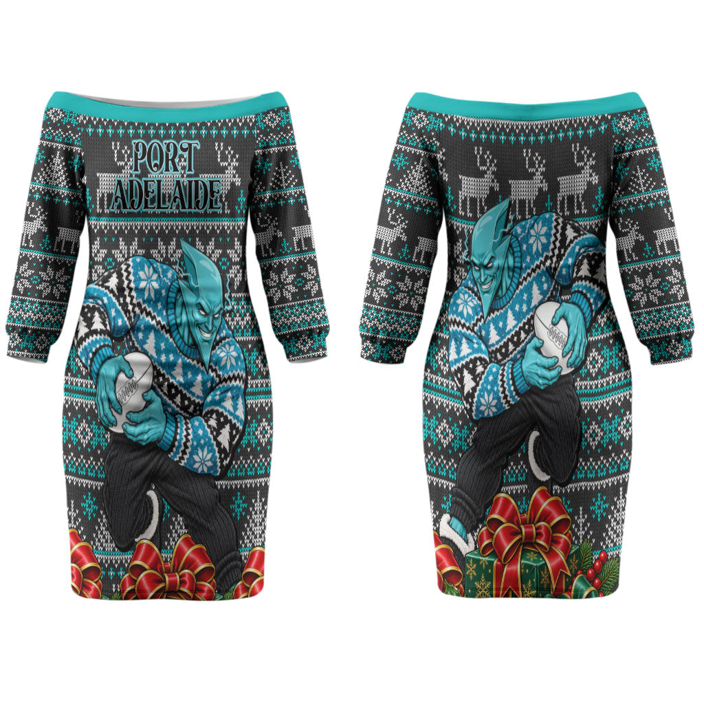 Personalized Port Adelaide Football Christmas Couples Matching Off The Shoulder Long Sleeve Dress and Hawaiian Shirt Australian Football Mascot - Ugly Xmas Pattern Festive