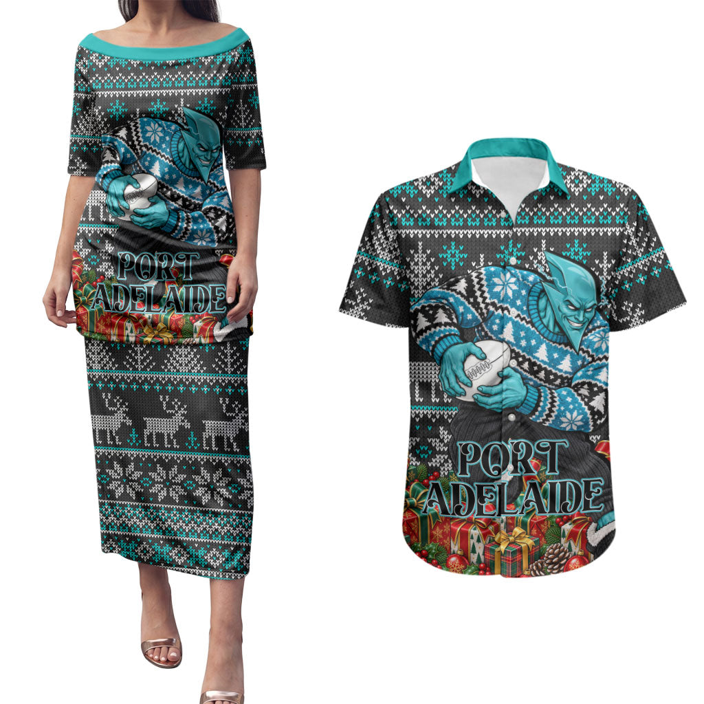 Personalized Port Adelaide Football Christmas Couples Matching Puletasi and Hawaiian Shirt Australian Football Mascot - Ugly Xmas Pattern Festive