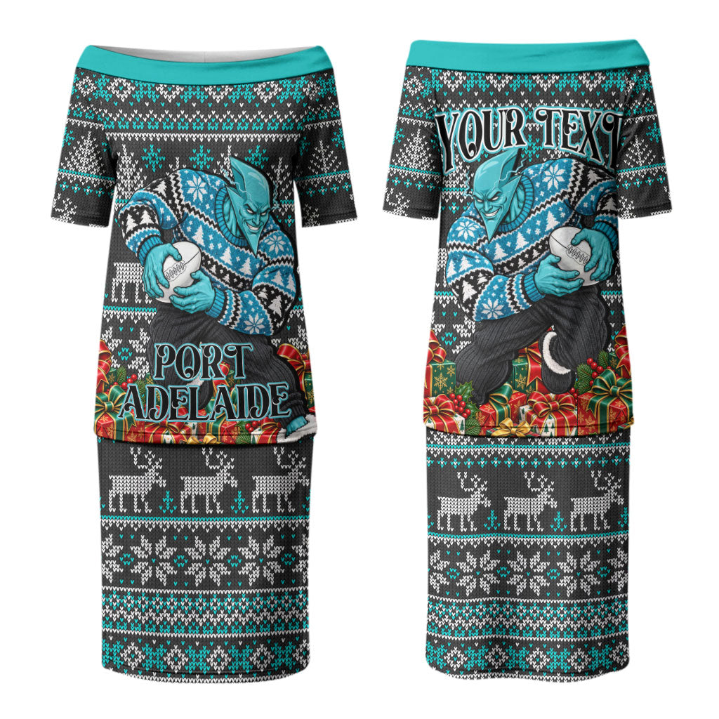 Personalized Port Adelaide Football Christmas Couples Matching Puletasi and Long Sleeve Button Shirt Australian Football Mascot - Ugly Xmas Pattern Festive