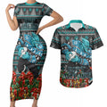 Personalized Port Adelaide Football Christmas Couples Matching Short Sleeve Bodycon Dress and Hawaiian Shirt Australian Football Mascot - Ugly Xmas Pattern Festive