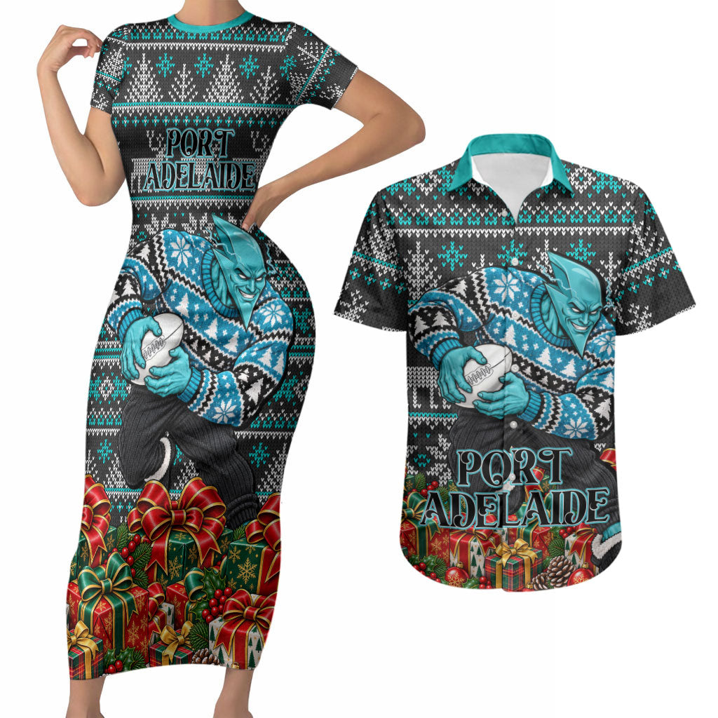 Personalized Port Adelaide Football Christmas Couples Matching Short Sleeve Bodycon Dress and Hawaiian Shirt Australian Football Mascot - Ugly Xmas Pattern Festive