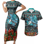 Personalized Port Adelaide Football Christmas Couples Matching Short Sleeve Bodycon Dress and Hawaiian Shirt Australian Football Mascot - Ugly Xmas Pattern Festive