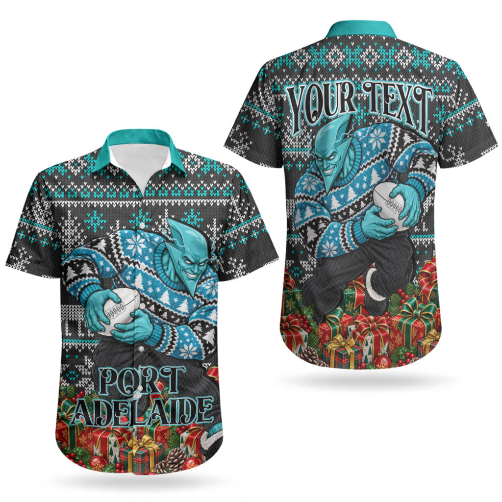Personalized Port Adelaide Football Christmas Couples Matching Short Sleeve Bodycon Dress and Hawaiian Shirt Australian Football Mascot - Ugly Xmas Pattern Festive